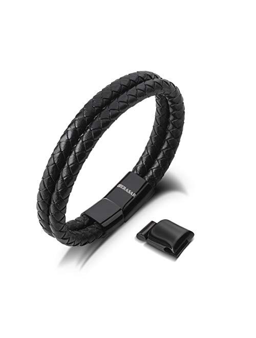 SERASAR | Premium Genuine Leather Bracelet for Men in Black | Magnetic Stainless Steel Clasp in Black, Silver and Gold | Exclusive Jewellery Box | Great Gift Idea