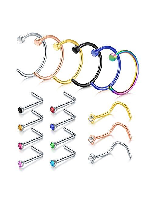 Incaton Nose Rings 33PCS 22G 316L Surgical Stainless Steel Body Jewelry Piercing Nose Ring Studs 25PCS 22g 316L Surgical Stainless Steel Body Jewelry Piercing Nose Hoop Ring and Nose Stud Ring LL-BH245ZH-1 