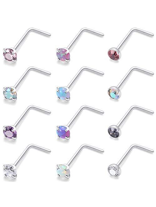 Kridzisw 12 Pcs 18G 20G Nose Rings Studs Surgical Steel Nose Nostril CZ Inlaid 2MM Piercing Jewelry for Women Men Girl