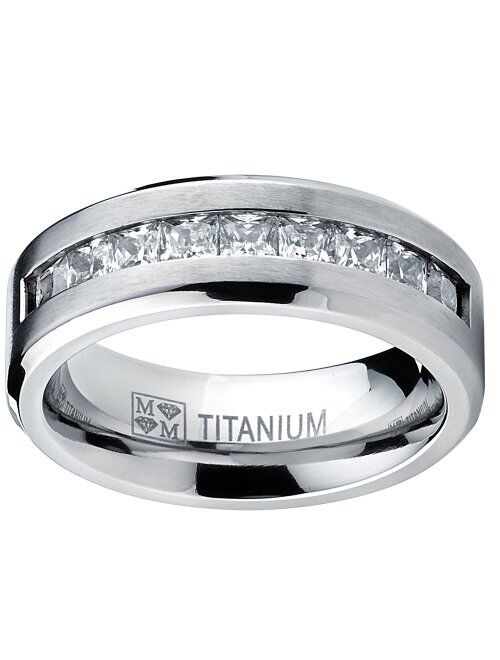 Metal Masters Co. Titanium Men's Wedding Band Engagement Ring with 9 Large Princess Cut Cubic Zirconia