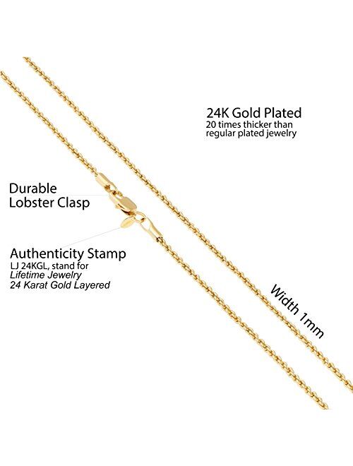 LIFETIME JEWELRY 1mm Rope Chain Necklace 24k Real Gold Plated for Women and Men