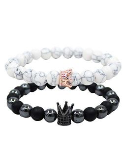 UEUC King&Queen Crown Distance Couple Bracelets His and Her Friendship 8mm Beads Bracelet