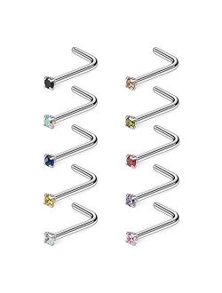 Ruifan 10-40PCS 18G Surgical Steel Diamond CZ Nose Stud Rings L Shaped Piercing Jewelry 1.5mm 2mm 2.5mm 3mm