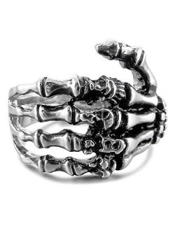 INBLUE Men's Stainless Steel Ring Band Silver Tone Black Skull Hand Bone