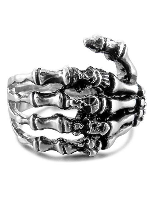 INBLUE Men's Stainless Steel Ring Band Silver Tone Black Skull Hand Bone
