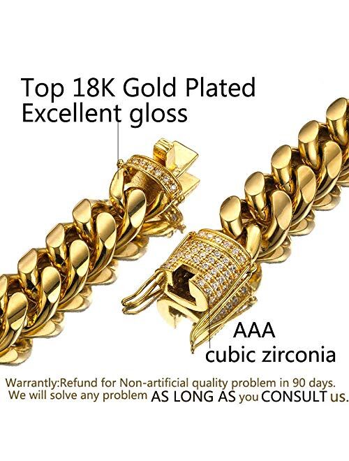Jxlepe Mens Miami Cuban Link Chain 18K Gold 15mm Stainless Steel Curb Necklace with cz Diamond Chain Choker