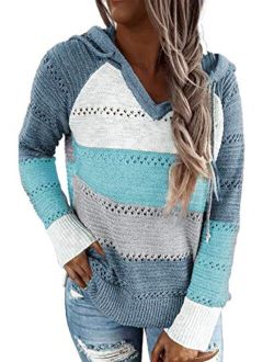 Biucly Women's Lightweight Color Block Knit Hoodies Sweaters Loose Long Sleeve V Neck Drawstring Pullover Sweatshirts(S-3XL)