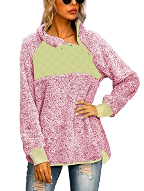 Famulily Women's Long Sleeve Asymmetrical Snap Neck Fleece Pullover Tops Sweater
