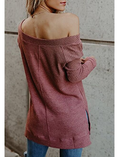 Beautife Womens Sweaters Off Shoulder Casual Oversized Long Sleeve Knit Pullovers Tunic Tops