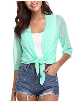 Womens Sheer Shrug Tie Front 3/4 Sleeve Cropped Bolero Cardigan