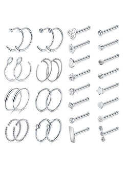 Surgical Stainless Steel 20G 8mm Nose Rings Hoop L Shaped Bone Screw Nose Rings Studs 32pcs Nose Piercing Jewelry Set