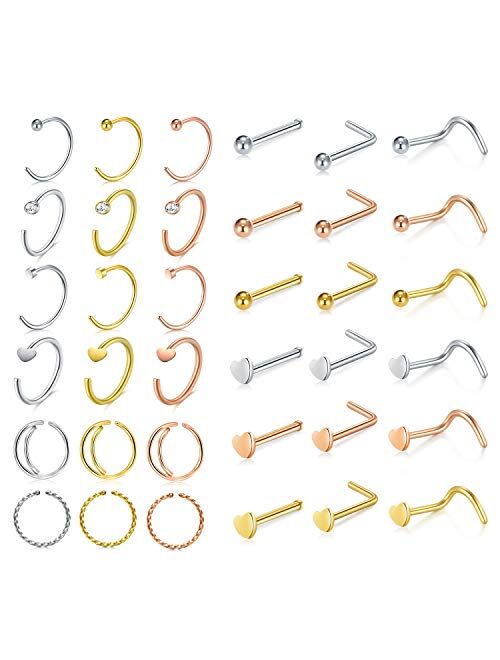 D.Bella 20G 8mm 32pcs Surgical Stainless Steel Nose Rings Hoop L Shaped Bone Screw Nose Rings Studs Nose Piercing Jewelry Set 