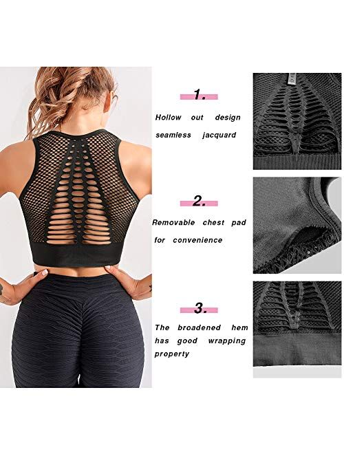 Botel Mesh Sports Bra for Women - Front/Back Cutout Workout Seamless Sports Yoga Crop Top - Removable Padded Sports Bra