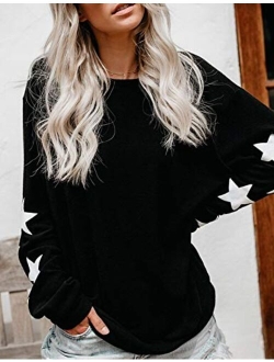 Womens Knit Pullover Sweaters Crewneck Long Sleeve Star Print Lightweight Cute Top