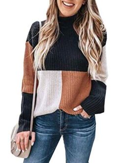 Angashion Women Sweaters-Oversized Chunky Knit Color Block Drop Shoulder Batwing Sleeve Pullover Sweater Tops