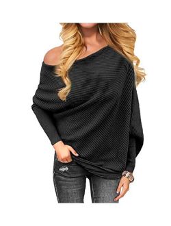Golden service Women's Off Shoulder Sweater Knit Jumper Long Sleeve Pullover Baggy Solid Sweater
