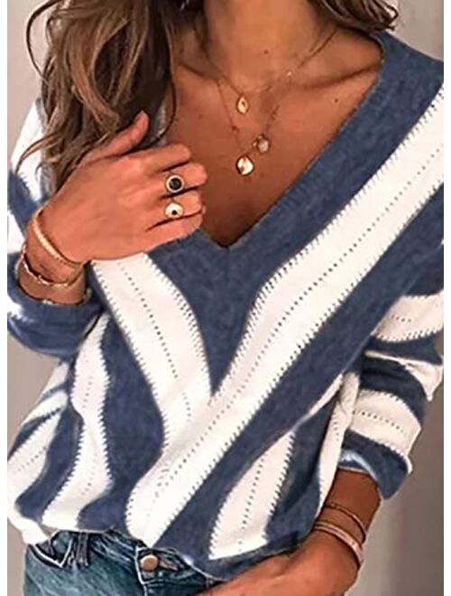 Elapsy Womens V Neck Long Sleeve Cotton Ripped Distressed Pullover Knitted Sweater