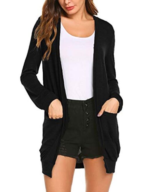 SimpleFun Womens Basic Long Sleeve Lightweight Open Front Knit Long Cardigans Sweaters with Pockets