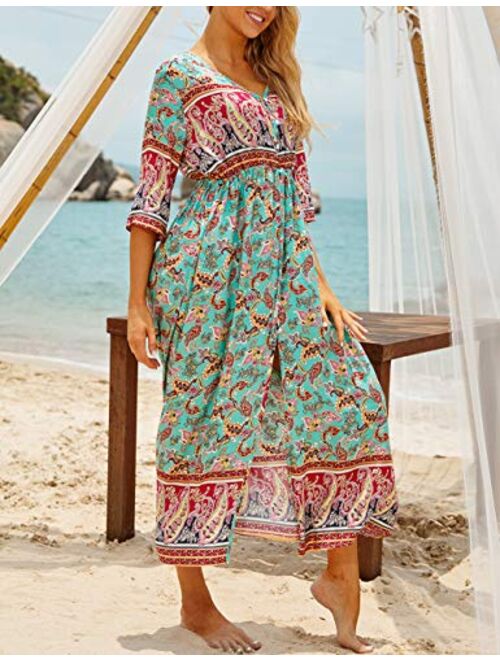 Bsubseach Women's Print Turkish Kaftan Beachwear Bikini Cover Up Maxi Dress