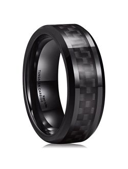 King Will GENTLEMAN 8mm Black Tungsten Carbide Ring Black/Red/Green/Blue Carbon Fiber Inlay Polished Finish Edges Comfort Fit