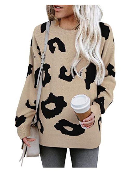 LAISHEN Women's Long Sleeve Crew Neck Leopard Print Casual Loose Knitted Pullover Sweater Tops