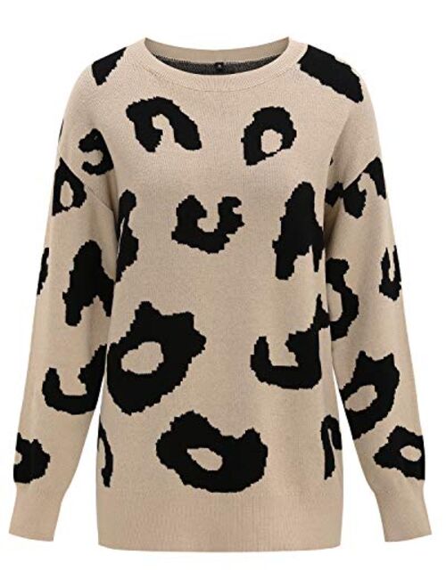 LAISHEN Women's Long Sleeve Crew Neck Leopard Print Casual Loose Knitted Pullover Sweater Tops