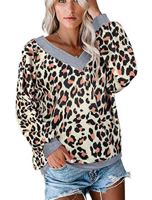 Magritta Women Off Shoulder Waffle Knit Sweater V Neck Long Sleeve Tops Loose Fit Pullover Blouse