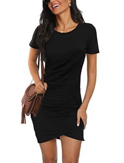 Women's Sexy Fashion Long Sleeve Ruched Stretchy Dress Crew Neck Casual Bodycon T Shirt Short Mini Dresses