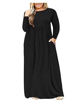 KARALIN Women's Plus Size Long Sleeve Loose Plain Casual Long Maxi Dresses with Pockets