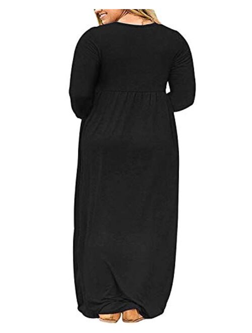 KARALIN Women's Plus Size Long Sleeve Loose Plain Casual Long Maxi Dresses with Pockets