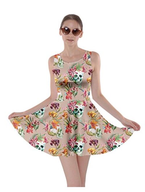 CowCow Womens Sugar Skull Flowers Floral Skeleton Mexican Day of Dead Roses Skater Dress, XS-5XL