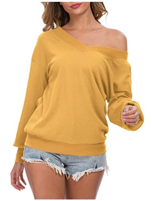 AUSELILY Womens V Neck Long Sleeve Casual Waffle Knit Tops Off Shoulder Pullover Sweater