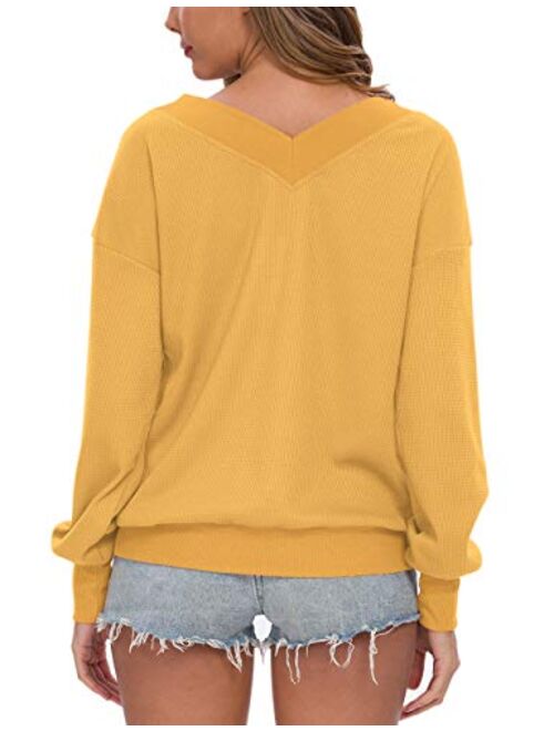 AUSELILY Womens V Neck Long Sleeve Casual Waffle Knit Tops Off Shoulder Pullover Sweater