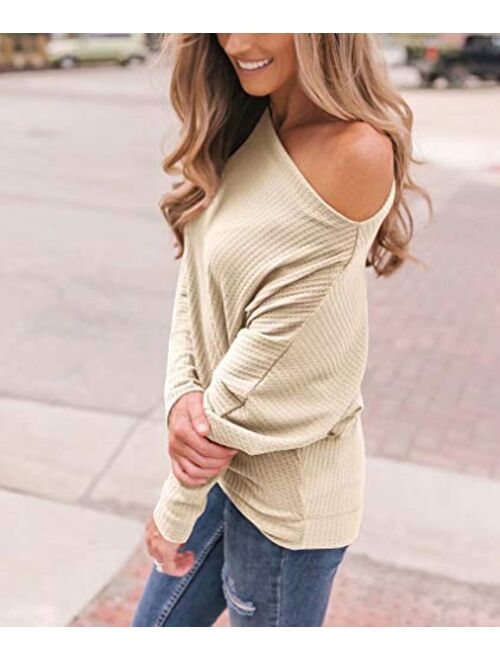LACOZY Womens Waffle Knit Off The Shoulder Tops Oversized Long Sleeve Tunic Shirts Pullover Sweaters