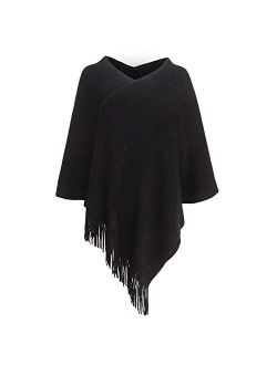Womens Poncho Sweater V Neck Knitted Pullover Shawls Wraps Capes with Fringes Gifts for Women Mom