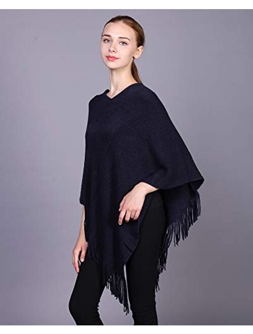 Womens Poncho Sweater V Neck Knitted Pullover Shawls Wraps Capes with Fringes Gifts for Women Mom