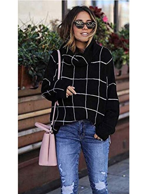 cordat Womens Turtleneck Grid Pattern Loose Pullover Sweaters Long Sleeve Chunky Plaid Knitted Jumper Top