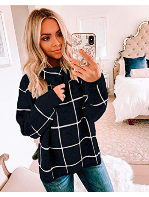 cordat Womens Turtleneck Grid Pattern Loose Pullover Sweaters Long Sleeve Chunky Plaid Knitted Jumper Top