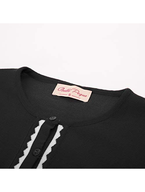 Belle Poque Women Button Knit Cardigan Contrast Color Long Sleeve Shrug BP779