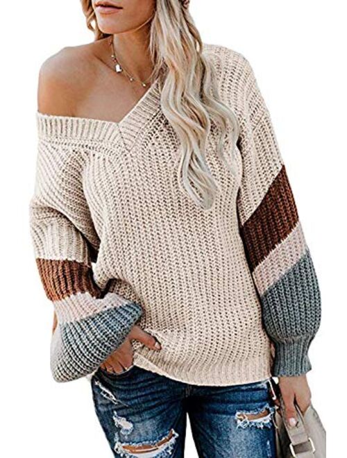 FAFOFA Women's V Neck Long Sleeve Striped Knitted Chunky Pullover Sweater