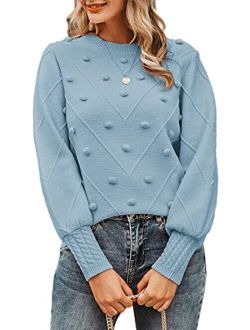 Miessial Women's Crew Neck Lantern Sleeve Sweater Pullover Elegant Knit Jumper Top