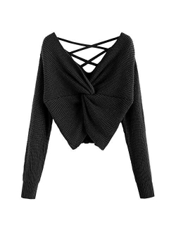 Women's V-Neck Criss Cross Twisted Back Pullover Knitted Sweater Jumper Crop Tops