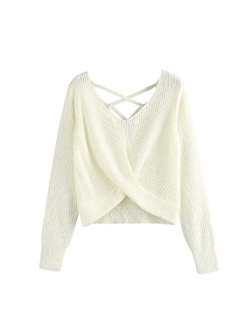 ZAFUL Women's V-Neck Criss Cross Twisted Back Pullover Knitted Sweater Jumper Crop Tops