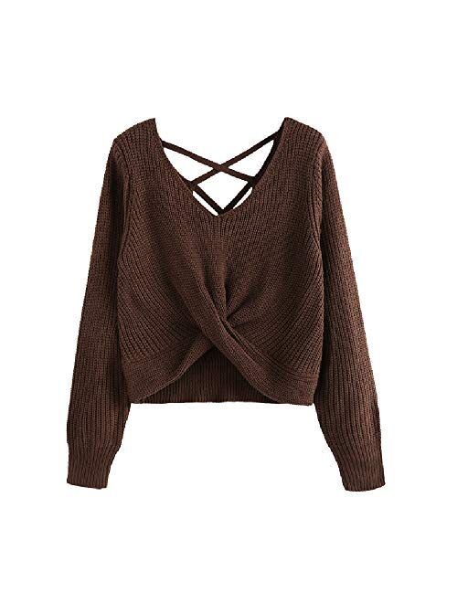 ZAFUL Womens V-Neck Criss Cross Twisted Back Pullover Knitted Sweater Jumper 