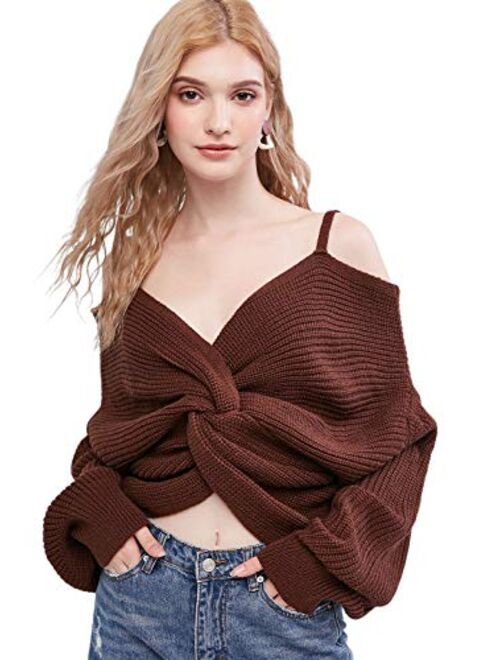 ZAFUL Women's V-Neck Criss Cross Twisted Back Pullover Knitted Sweater Jumper Crop Tops