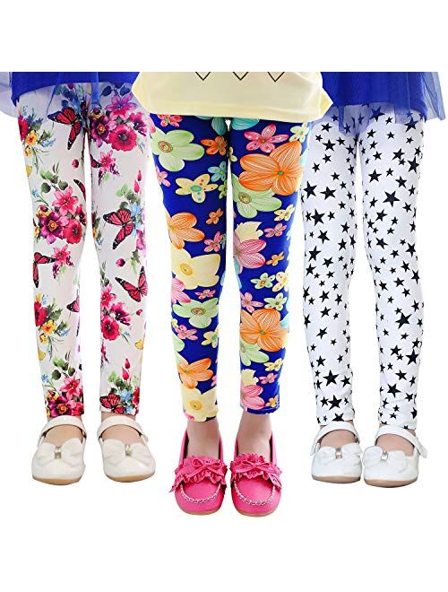 Gellwhu 3-Pack Girl Pants Printing Flower Toddler Kids Classic Leggings 2-13Y