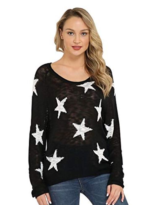 Pink Queen Womens Loose Star Sweater Long Batwing Sleeve V Neck Knitted Pullover Tops