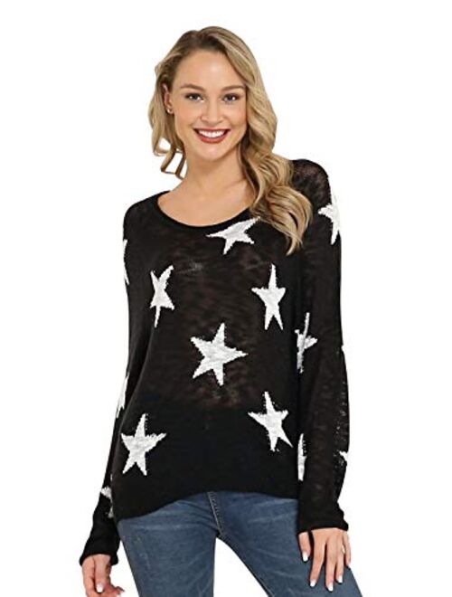 Pink Queen Womens Loose Star Sweater Long Batwing Sleeve V Neck Knitted Pullover Tops