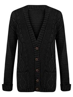 Fashipap Women's Cable Chunky Knitted 5 Button Long Sleeves Grandad Cardigans