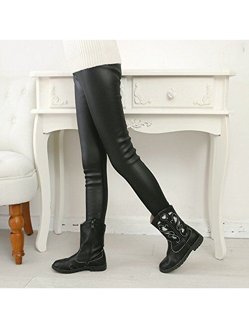 Hiigoo Girls Black Elasticity Faux Leather Pants Kids Thick Leggings Warmth Trousers for 2-14 Years Old Children
